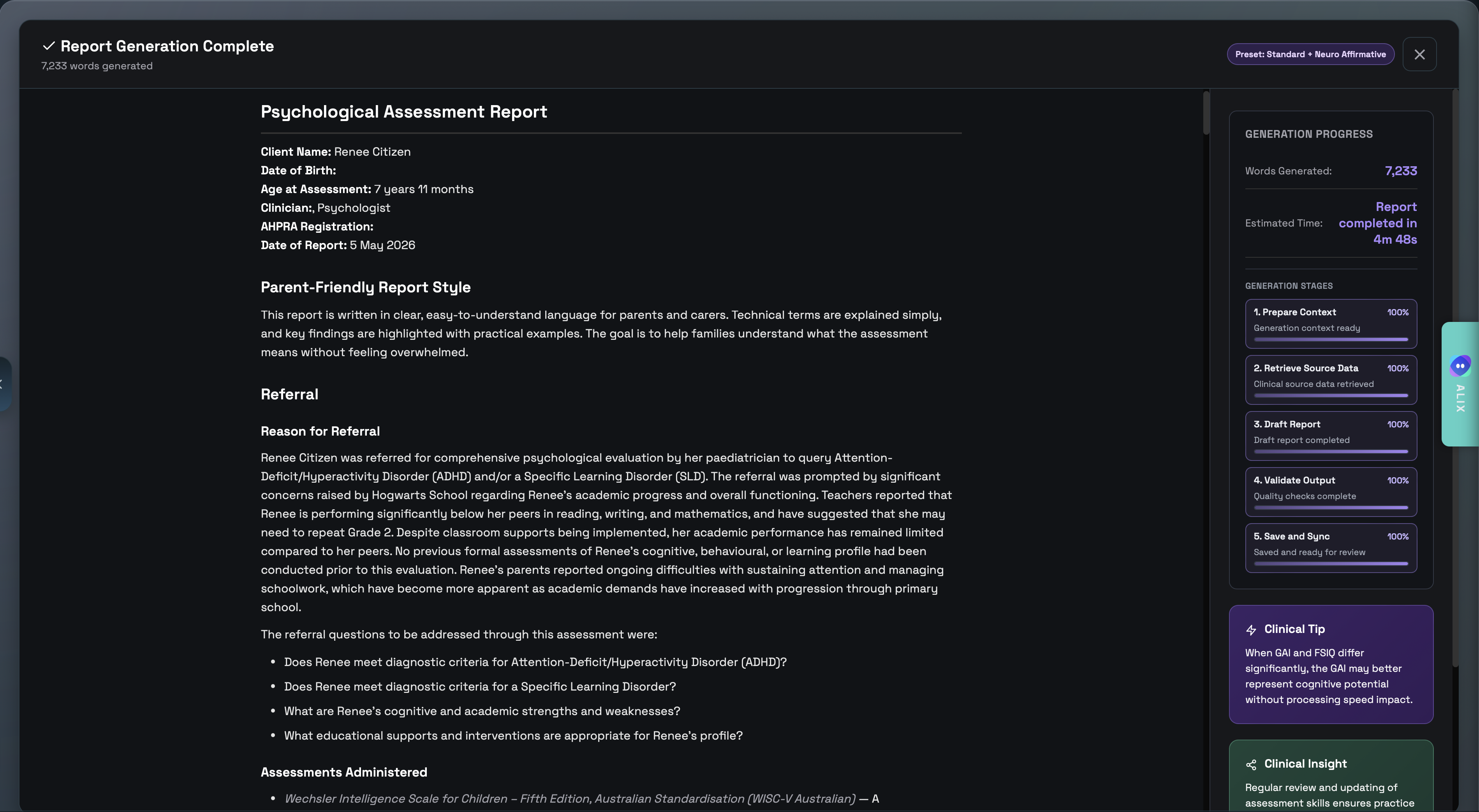 Report Generation interface